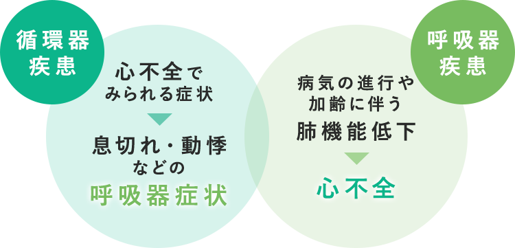 【循環器疾患】 心不全でみられる症状⇒息切れ・動悸などの呼吸器症状 【呼吸器疾患】病気の進行や加齢に伴う肺機能低下心不全